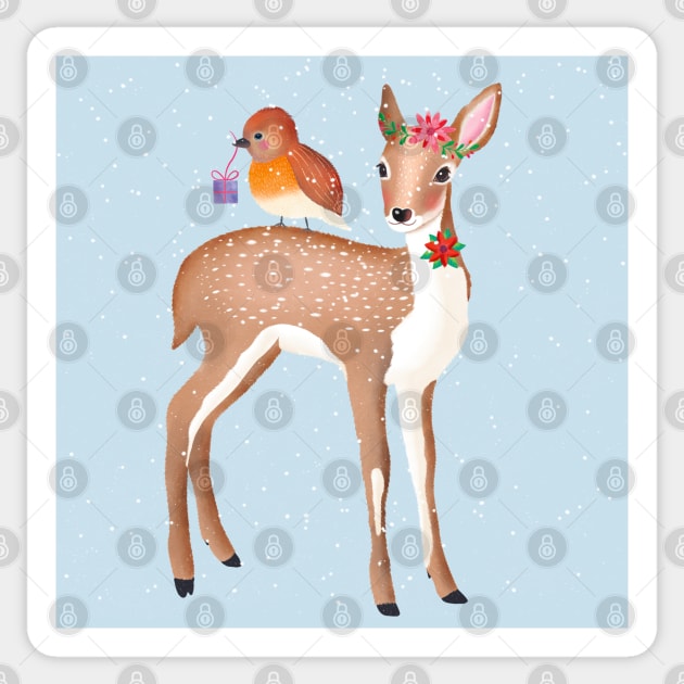 Deer and bird and snowflakes and Christmas gift Sticker by CalliLetters